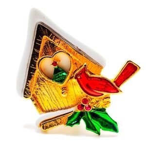 Vintage Danecraft Singing Cardinal Birdhouse Christmas Brooch